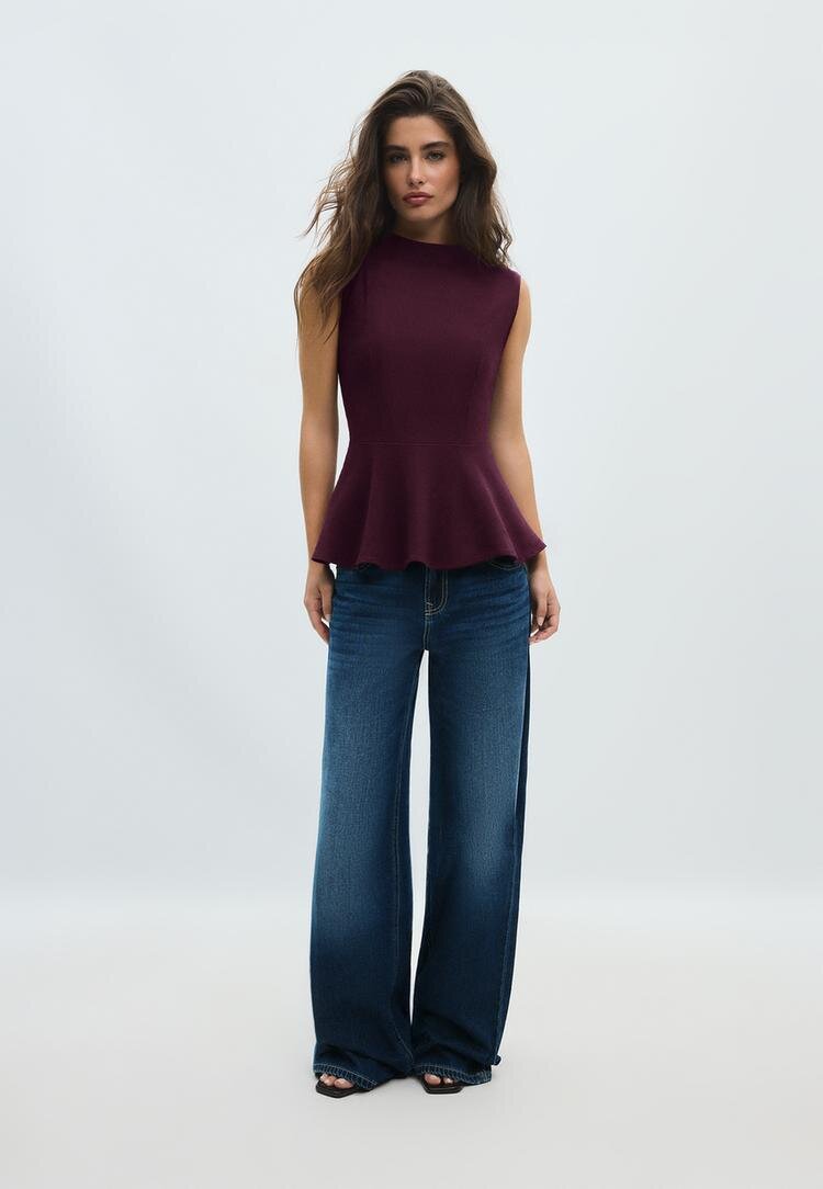 Stradivarius Top Fără Mâneci Cu Peplum Și Guler Înalt Coral L