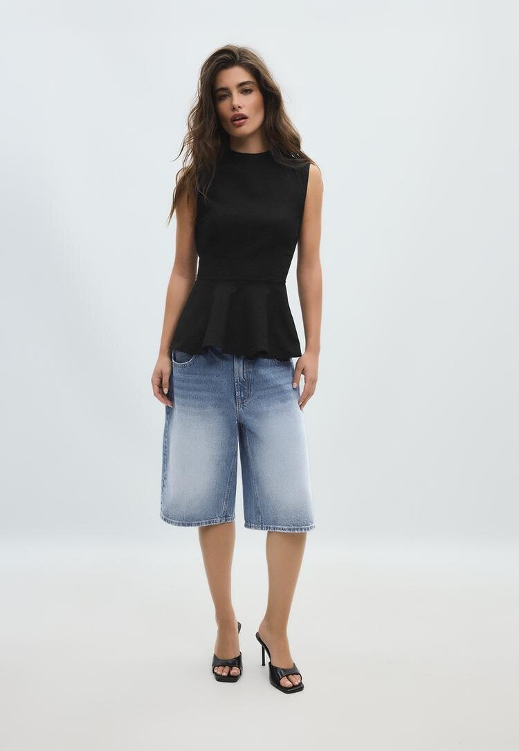 Stradivarius Top Fără Mâneci Peplum Cu Guler Înalt Negru S