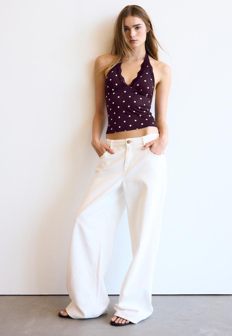 Stradivarius Top Halter Cu Dantelă Bordeaux M