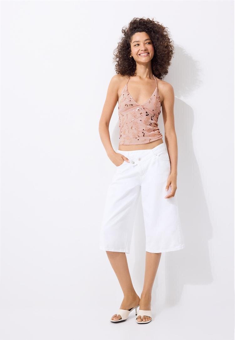 Stradivarius Top Halter Cu Paiete Brodate Roz Somon Xl