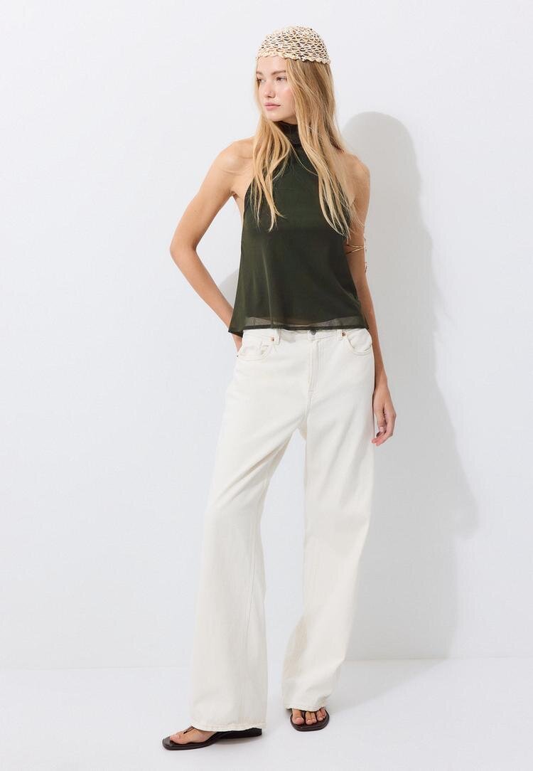 Stradivarius Top Halter Din Tul Cu Imprimeu Și Guler Eșarfă Verde Închis Xs