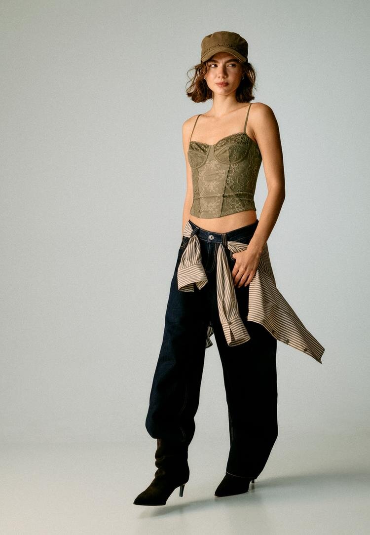 Stradivarius Top Inspirație Corset Cu Dantelă Kaki M