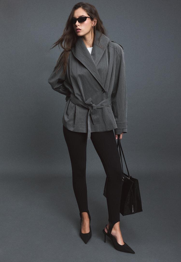Stradivarius Trench Fluid Cu Guler Șal Și Cordon Gri Închis S