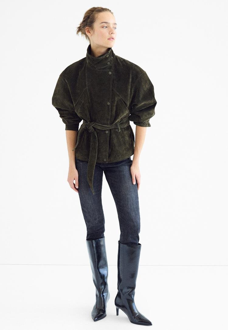 Stradivarius Trenci 100% Piele Cu Cordon Și Guler Înalt Verde S