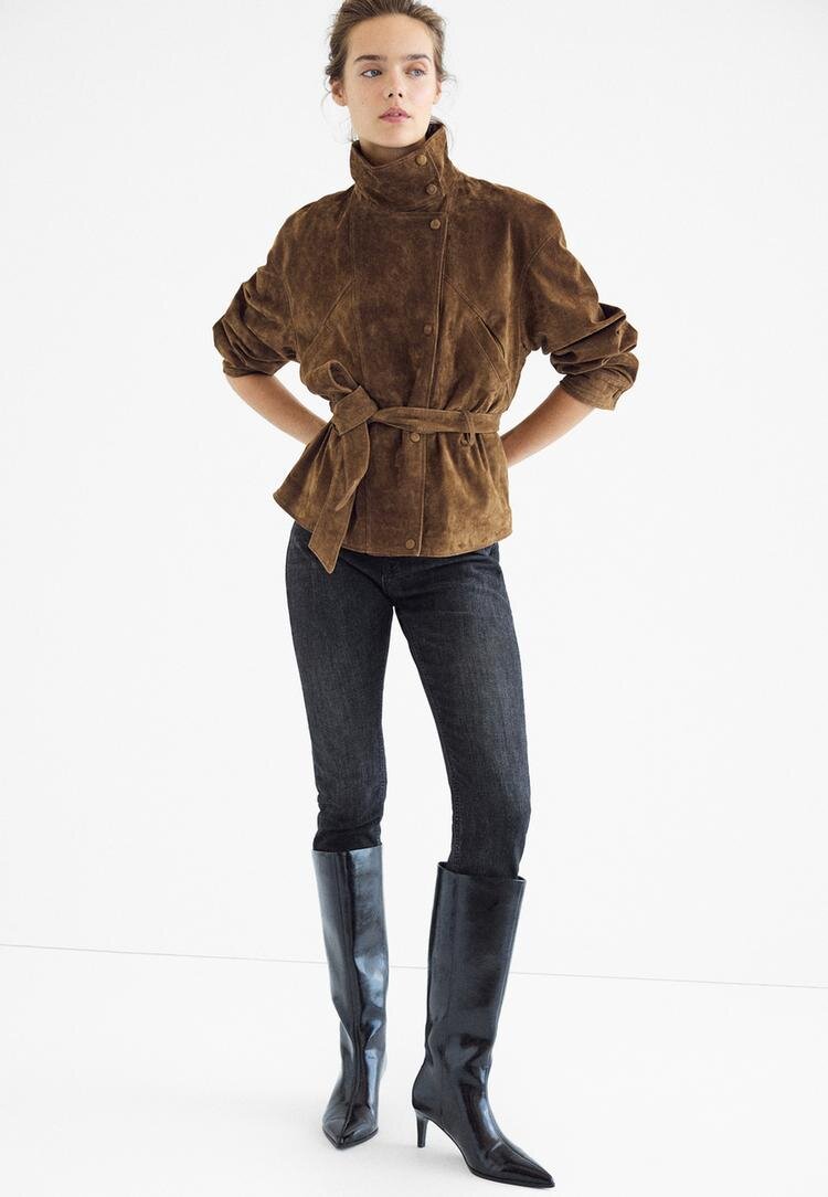 Stradivarius Trenci 100% Piele Cu Guler Înalt Și Cordon Maro Xl