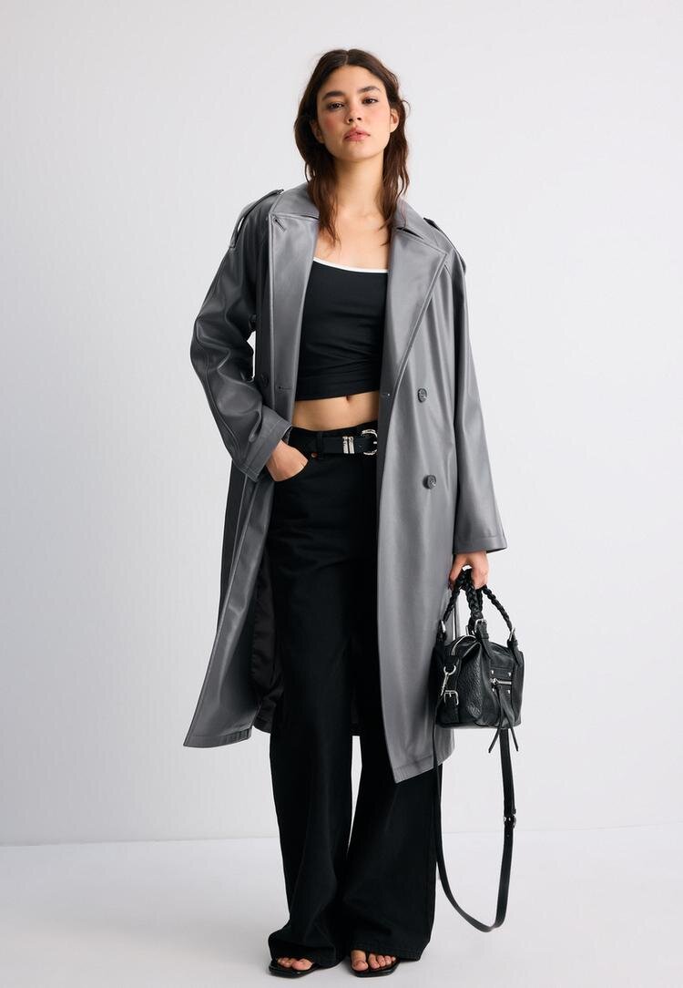 Stradivarius Trenci Lung Din Imitație De Piele Gri Marengo L