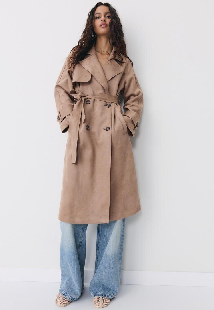 Stradivarius Trenci Lung Din Imitație Piele De Căprioară Caramel M