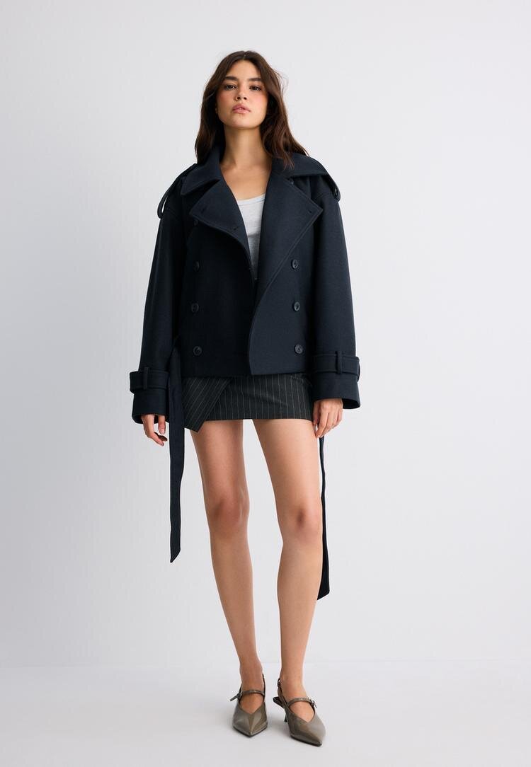 Stradivarius Trenci Oversize Cu Textură Moale Albastru Închis S
