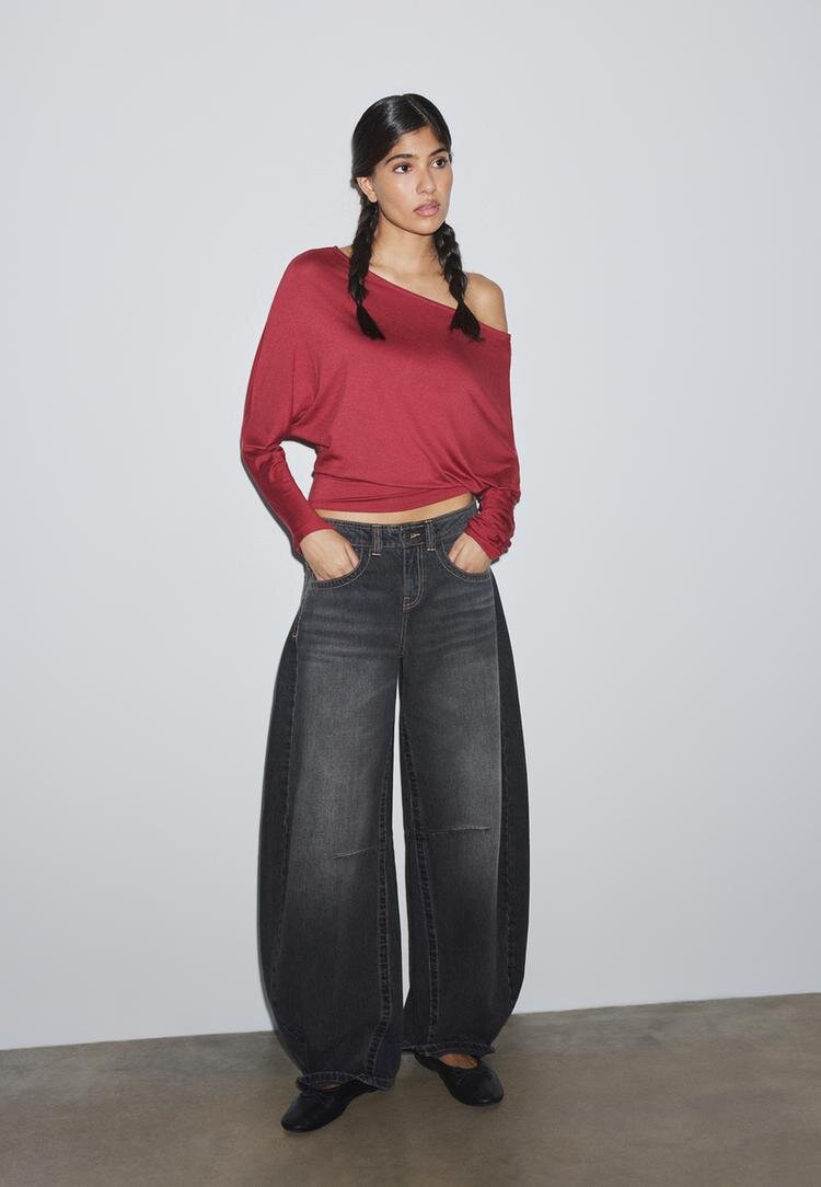 Stradivarius Tricou Asimetric Cu Efect De Brâu Roșu Închis Xl
