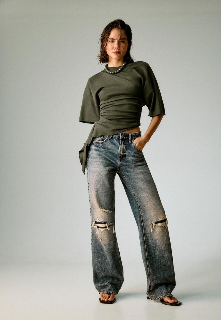 Stradivarius Tricou Asimetric Cu Mânecă Scurtă Kaki L