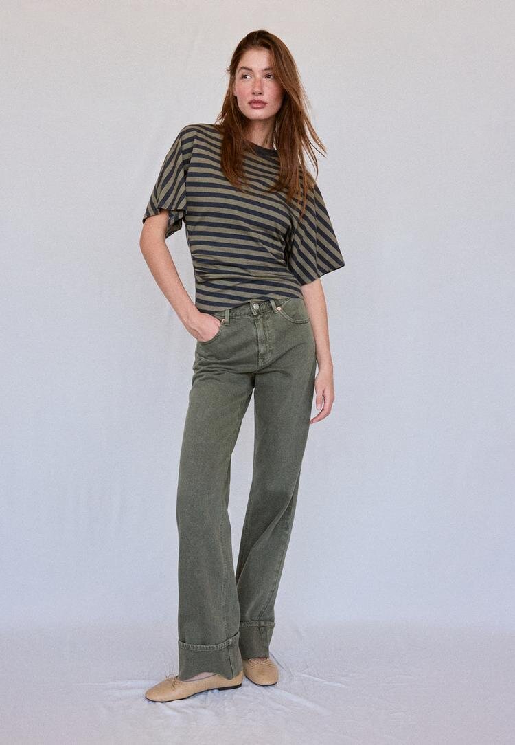 Stradivarius Tricou B08 Cu Mânecă Scurtă Japoneză Și Dungi Kaki M