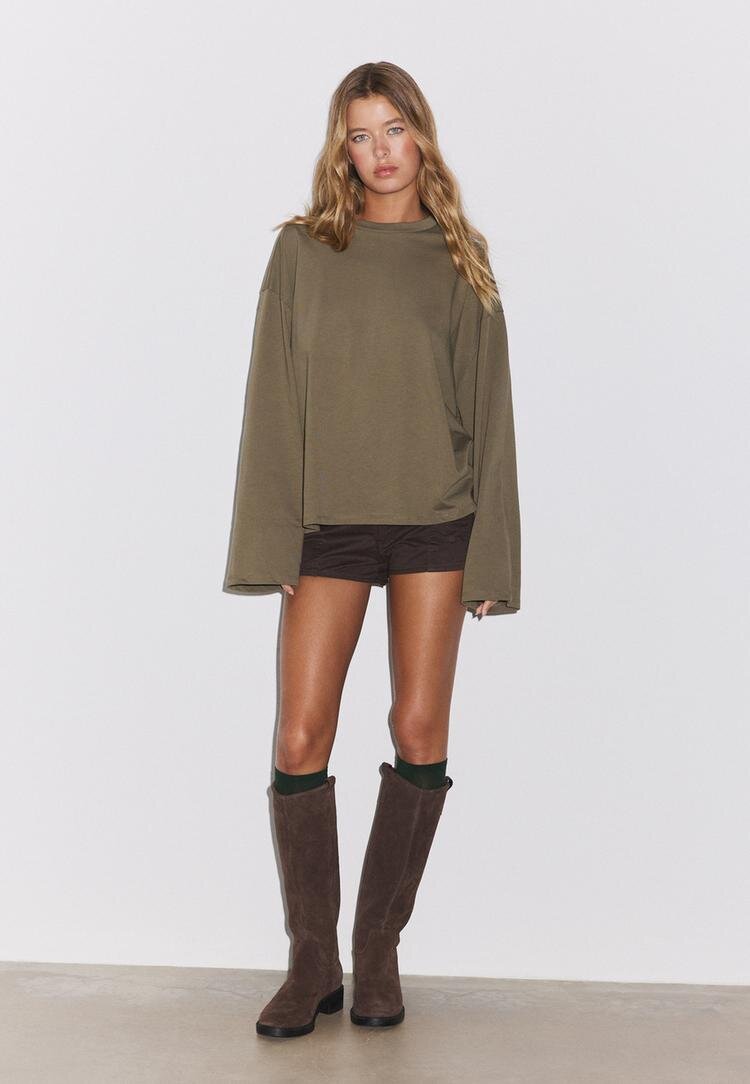 Stradivarius Tricou Boxy Cu Mânecă Lungă Kaki M