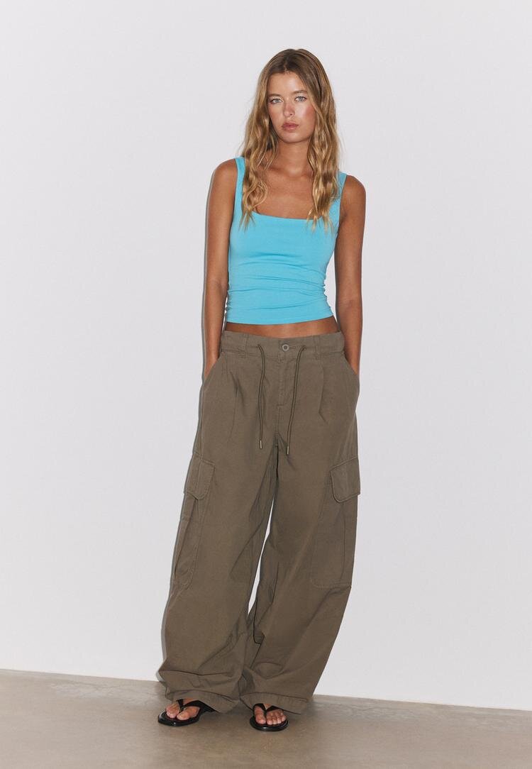 Stradivarius Tricou Cu Bretele Late Turcoaz Xs