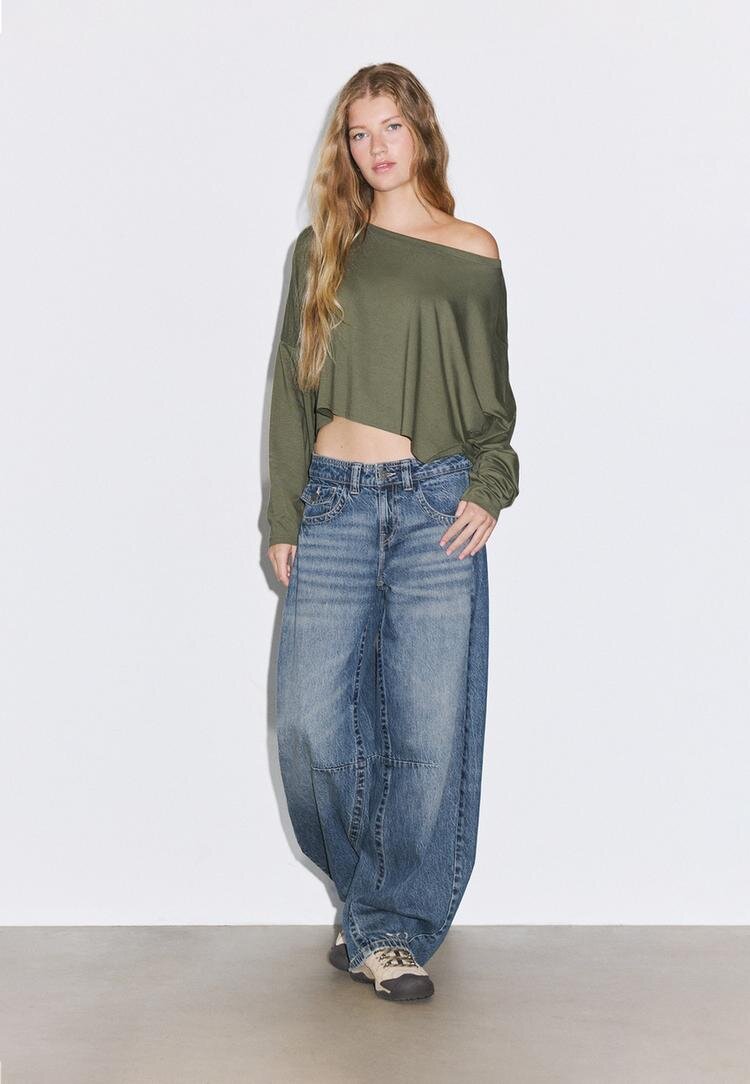 Stradivarius Tricou Cu Mânecă Lungă Kaki Xs