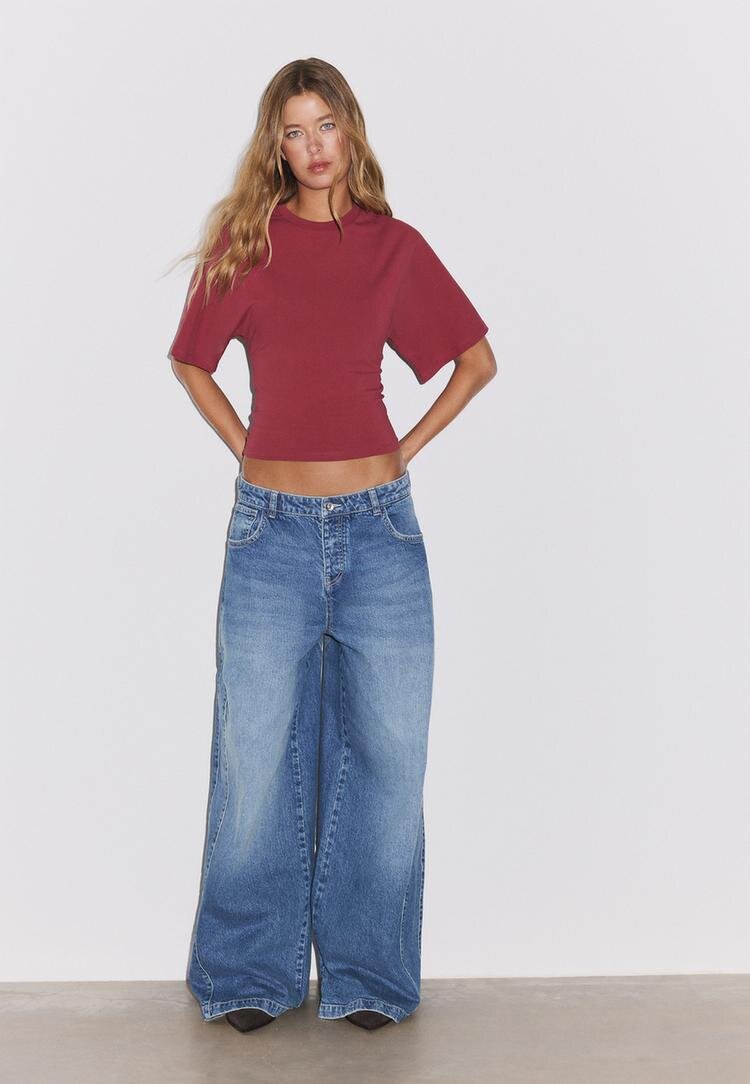 Stradivarius Tricou Cu Mânecă Scurtă Japoneză Roșu Închis Xl