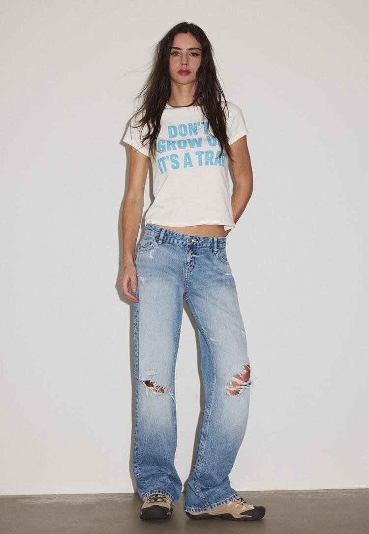 Stradivarius Tricou Cu Mânecă Scurtă Și Imprimeu Alb S