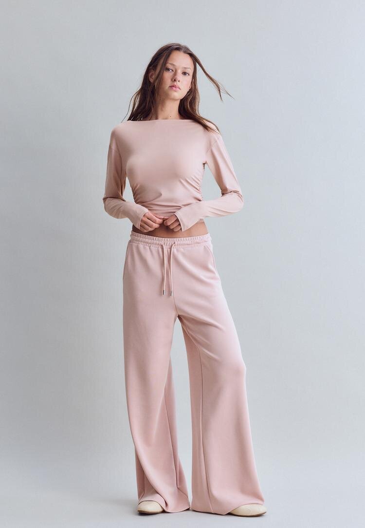 Stradivarius Tricou Din Poliamidă Cu Mânecă Lungă Și Încrețituri Roz Pastel S