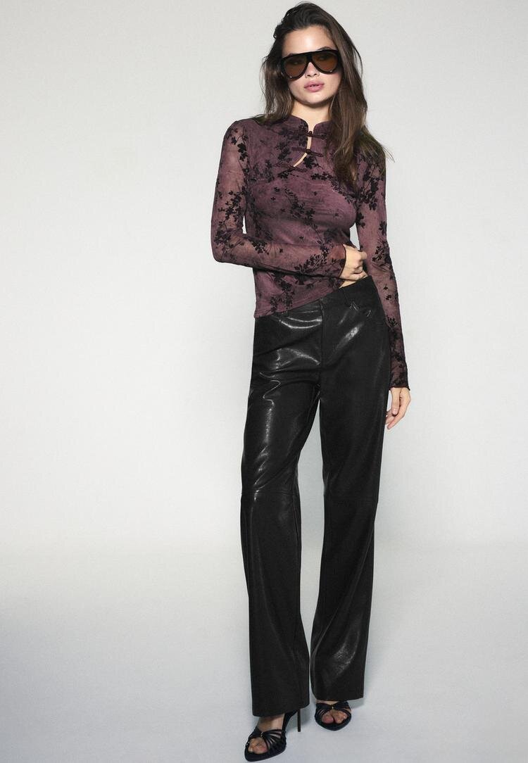 Stradivarius Tricou Flocat Cu Brandenburg Mânecă Lungă Purpuriu M