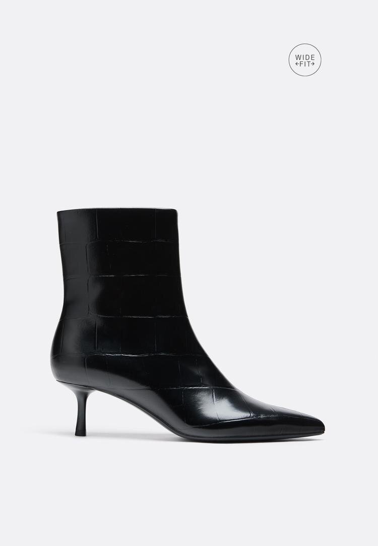 Stradivarius Wide Fit. Botine Cu Toc Kitten Și Aspect Croco Negru 40